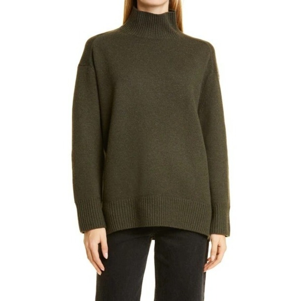 Vince Womens 100% Cashmere Oversized Turtleneck Sweater Olive Green M Side Slits